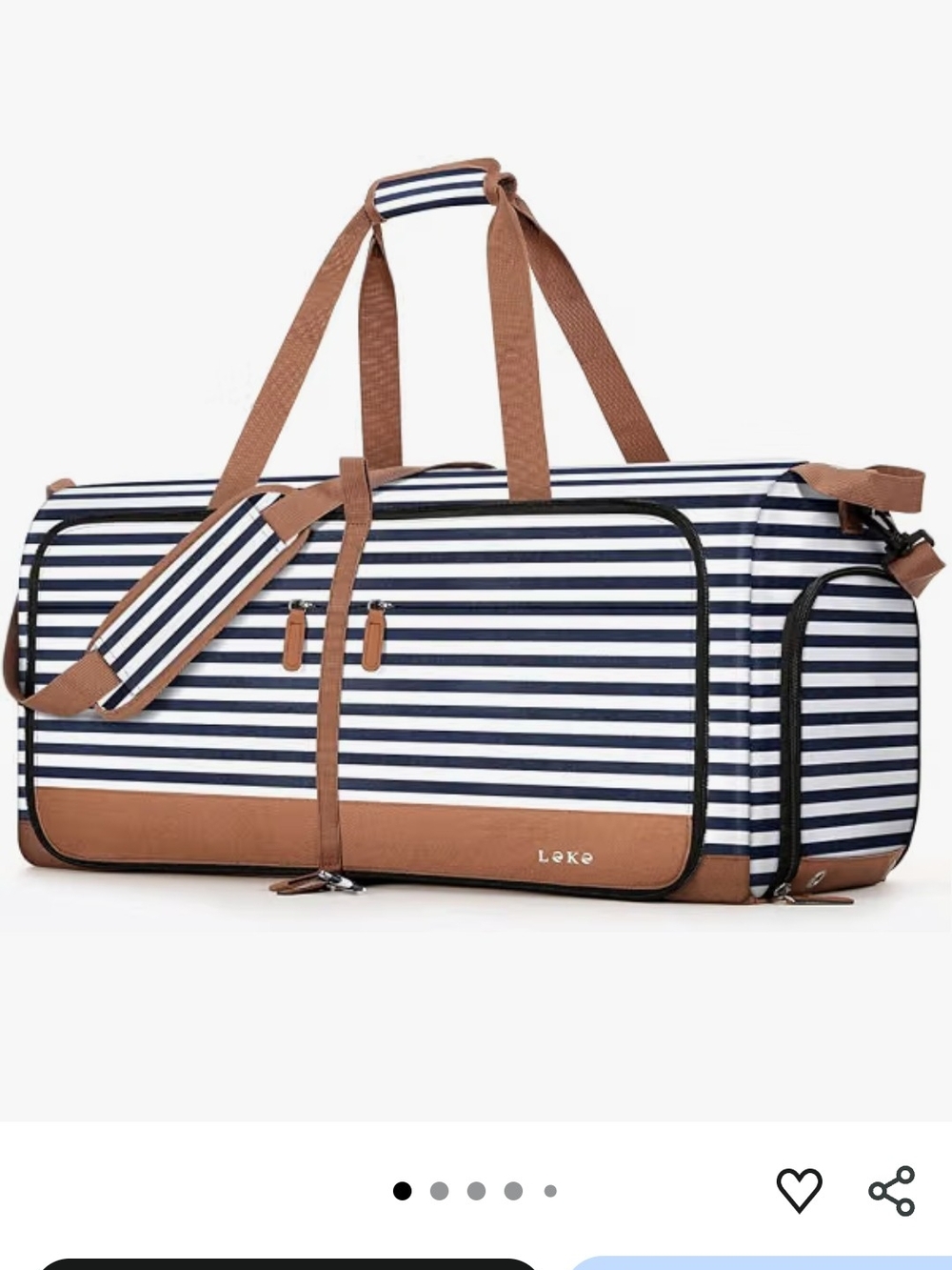 Striped Navy & White Duffel with Brown Trim - Travel Bag
